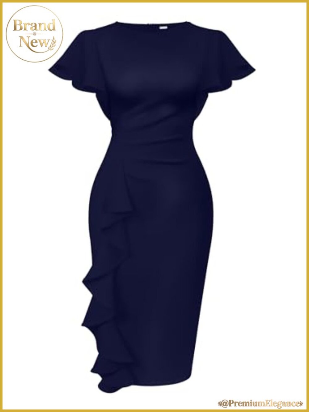 Ruffle Sleeve Ruched Bodycon Midi Work Church Dress Stretch